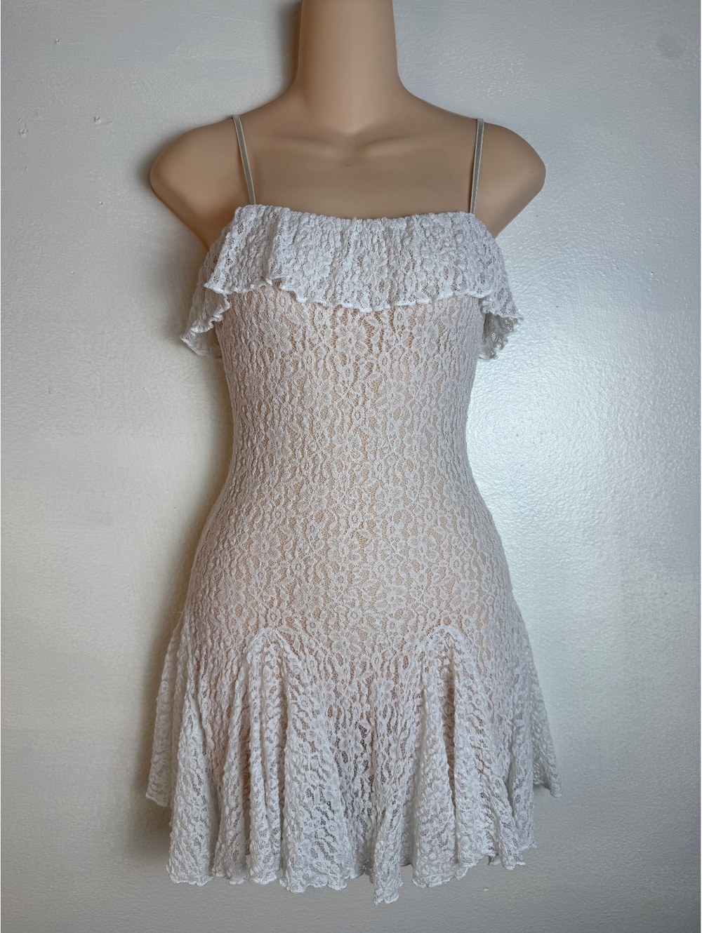 ZARA Small White Floral Lace Ruffle Mini Dress Spaghetti Strap